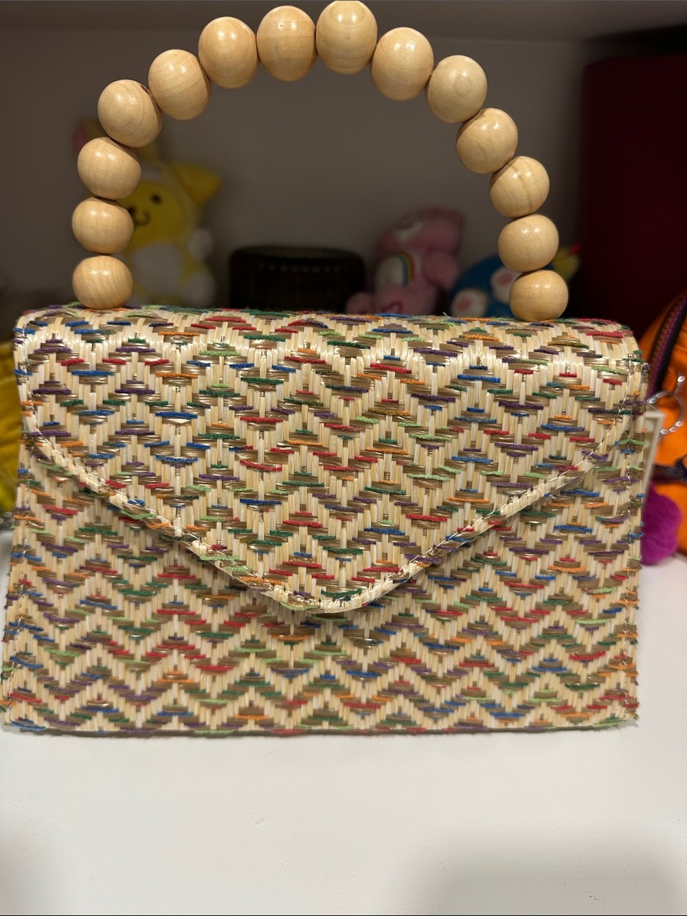 Woven Beaded Handle Straw Clutch – Natural Multicolor